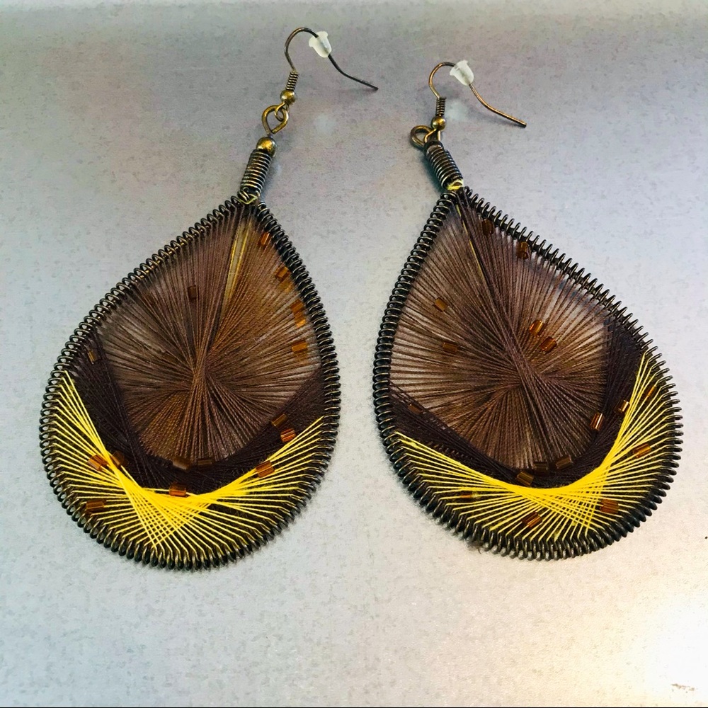 Peruvian Style Yarn Threaded Patina Brass Teardrop